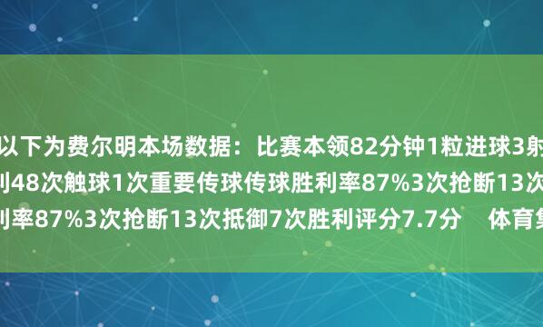 以下为费尔明本场数据：比赛本领82分钟1粒进球3射1正4次过东谈主3次胜利48次触球1次重要传球传球胜利率87%3次抢断13次抵御7次胜利评分7.7分    体育集锦